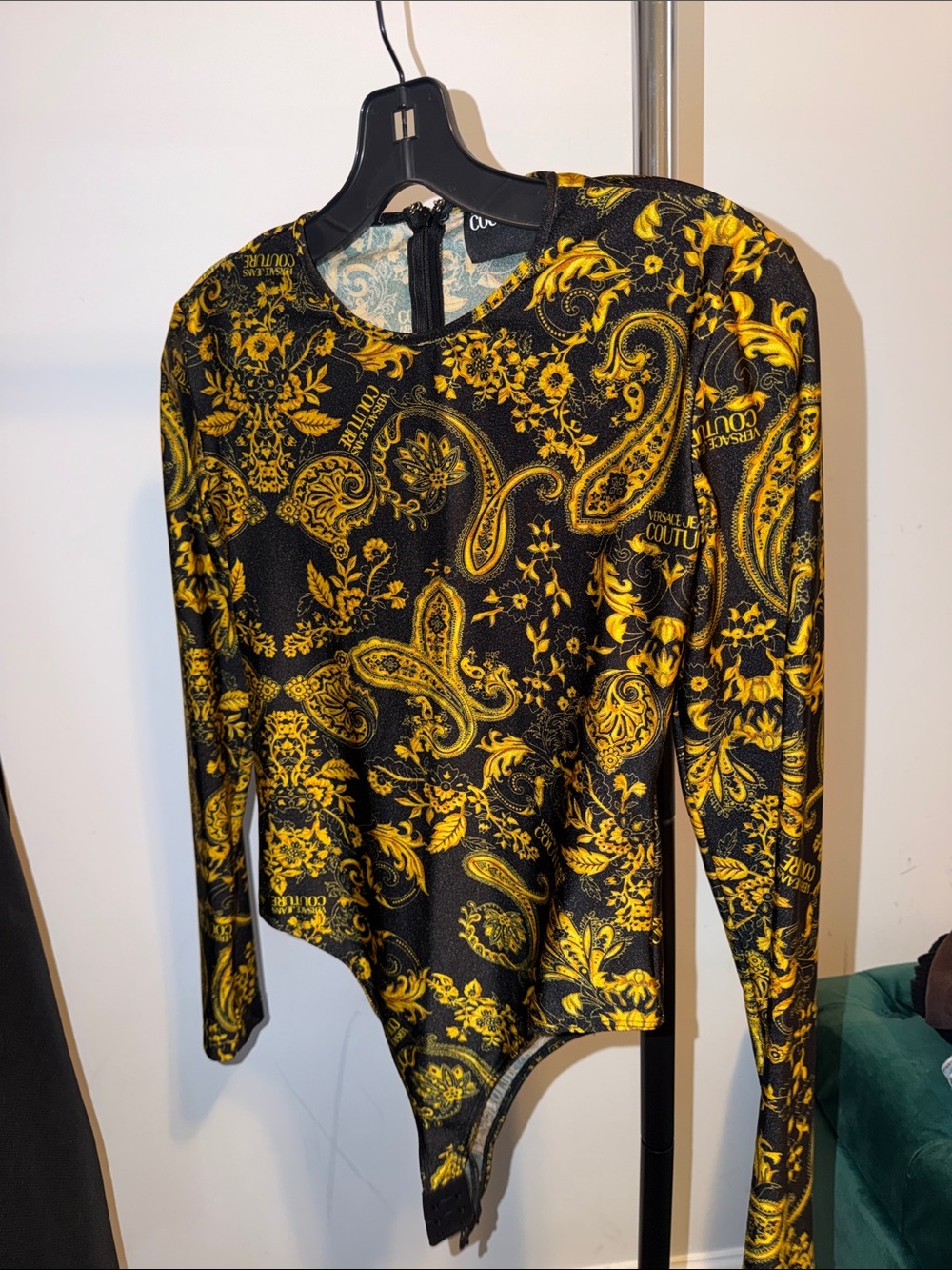 Versace Jeans Couture Collection Black and Yellow Paisley Long-Sleeve Bodysuit